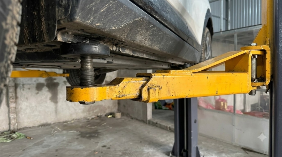 Tay đỡ cầu nâng 2 trụ đặt đúng điểm kê ở mép sàn xe điện, không chạm vỏ pin (ảnh minh họa)