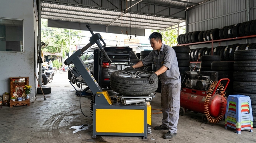 Ảnh minh họa: thợ lắp lốp xe SUV trên máy ra vào lốp trong gara