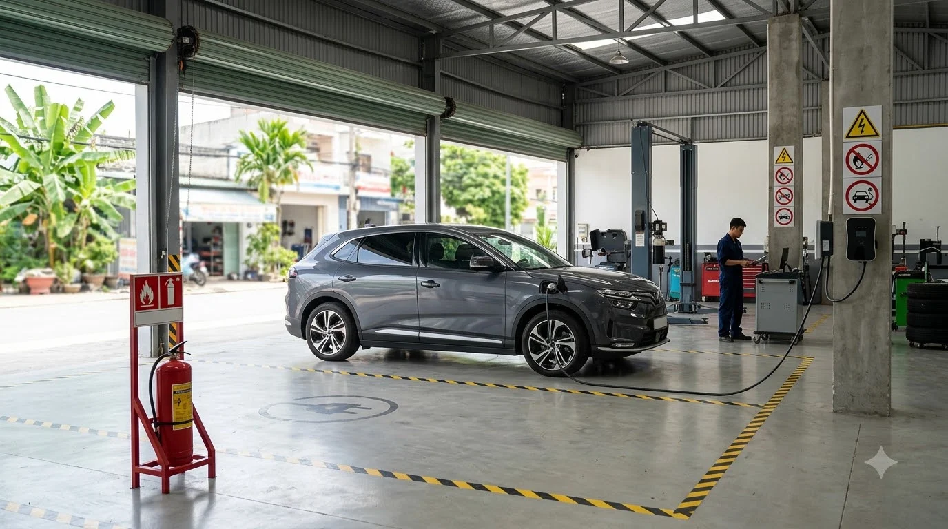 Khu vực sửa xe điện có bình chữa cháy, vạch kẻ và biển cảnh báo (ảnh minh họa)