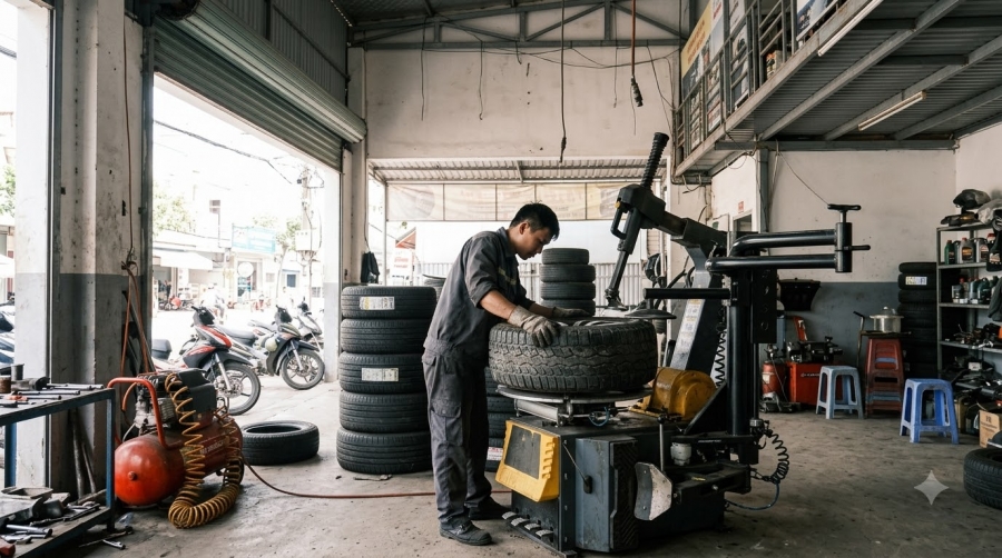 Ảnh minh họa: thợ đặt lốp lên mâm máy ra vào lốp