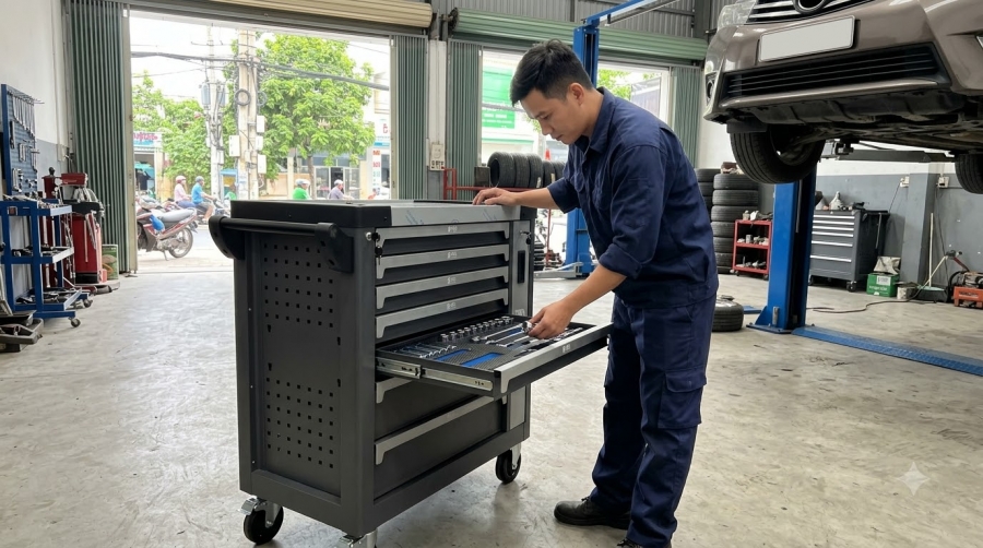 Thợ lấy dụng cụ từ tủ đồ nghề đặt cạnh xe trong gara (ảnh minh họa)
