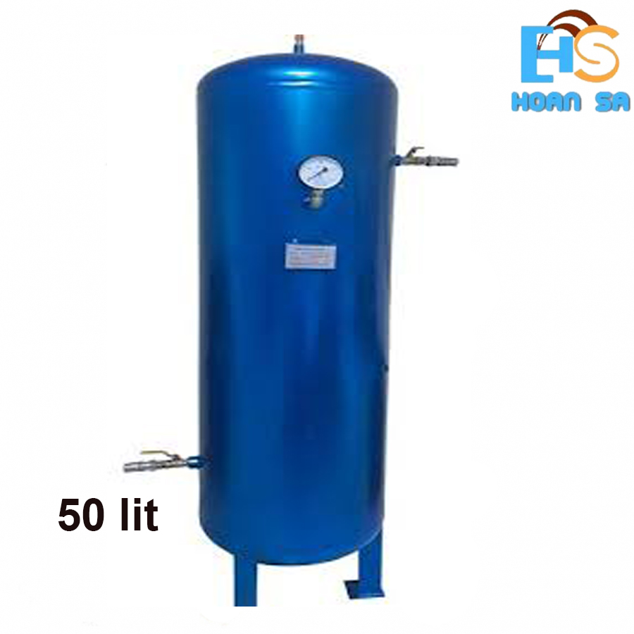 Bình khí nén mini 50 lít màu xanh dáng đứng có đồng hồ áp suất